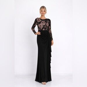 Betsy & Adam Black Rose Gold Floral Gown SZ 4 NWT Long Sleeve MODEST Formal GALA